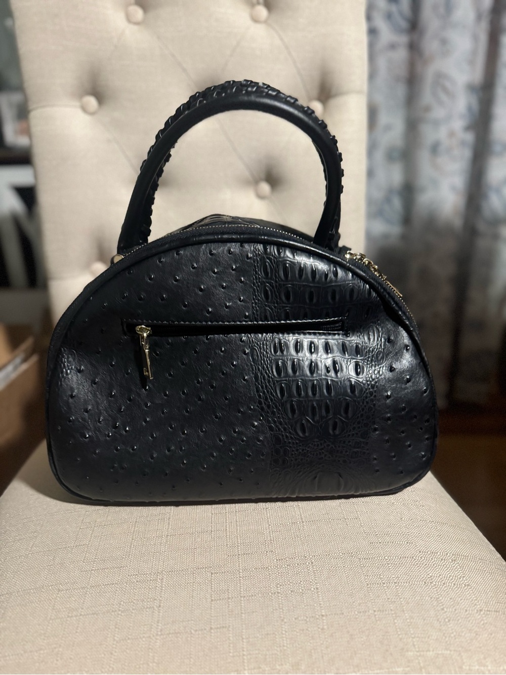 Elevated black vegan leather top handle satchel w/faux ostrich & croc texture